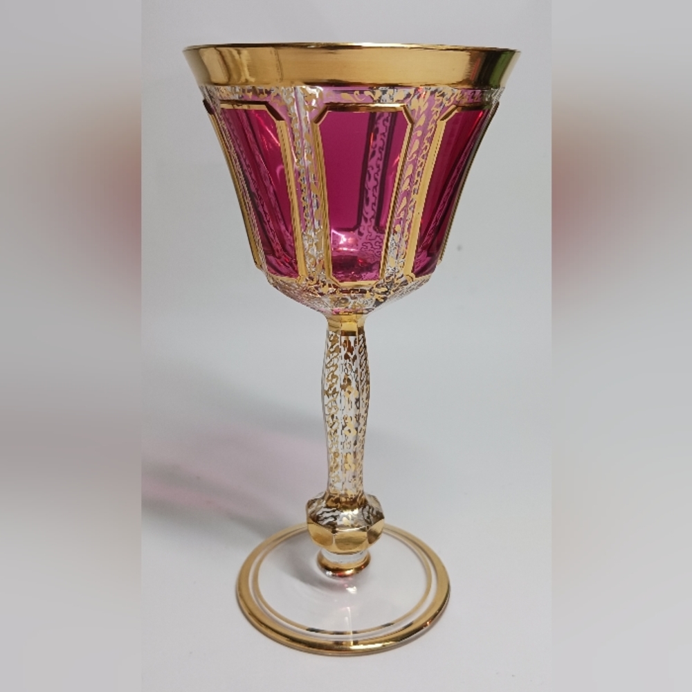 Vintage Moser Gilt Cranberry Panel Bohemian Cabochon Wine Glass 5.75" H